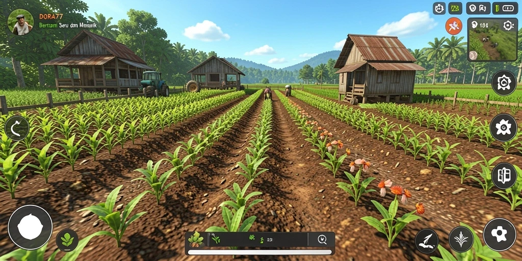 Tampilan gameplay menarik di DORA77, menunjukkan ladang yang subur dan hewan peliharaan.