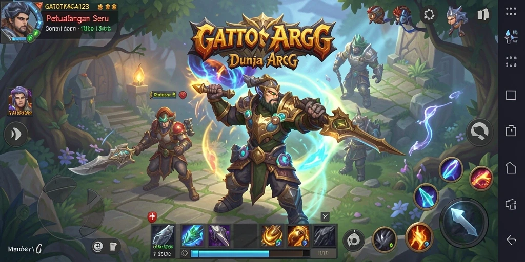 Screenshot GATOTKACA123 menampilkan pertempuran seru antara karakter dan monster besar.