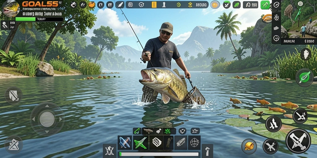 Screenshot gameplay GOAL55 menampilkan aksi memancing yang mendebarkan.