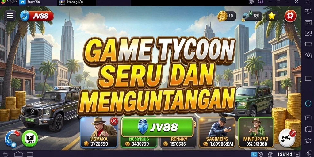 Screenshot gameplay JV88 yang menunjukkan aktivitas manajemen bisnis.