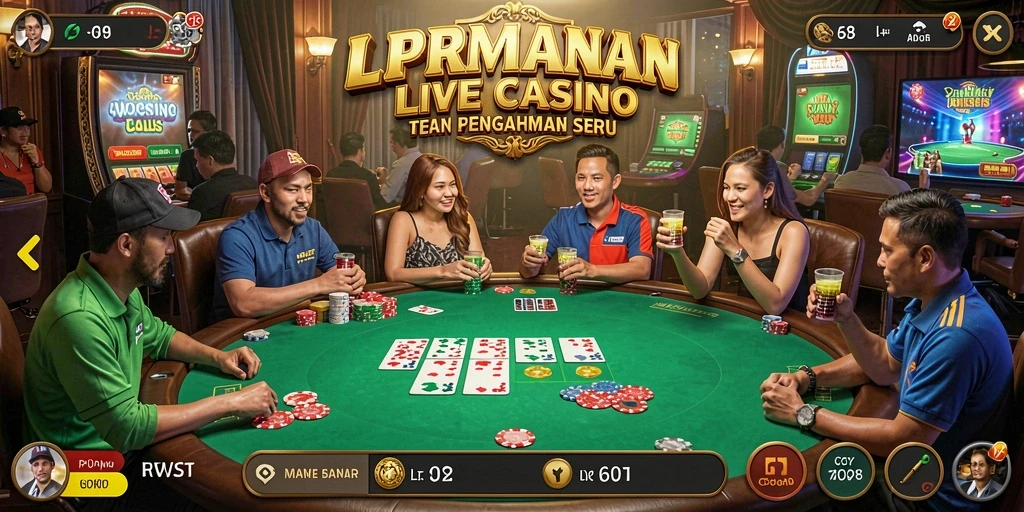Screenshot gameplay RP8 yang menampilkan dealer profesional di meja Live Casino.
