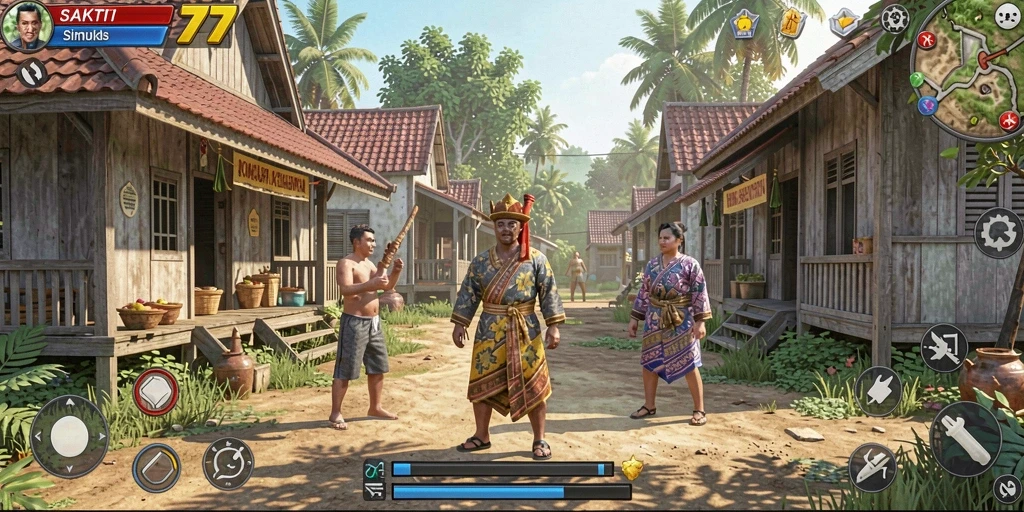 Screenshot gameplay SAKTI77 menunjukkan dunia simulasi yang hidup dan interaktif.