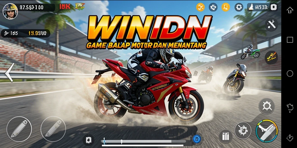 Gambaran gameplay seru dalam WINIDN dengan balapan motor yang mendebarkan.